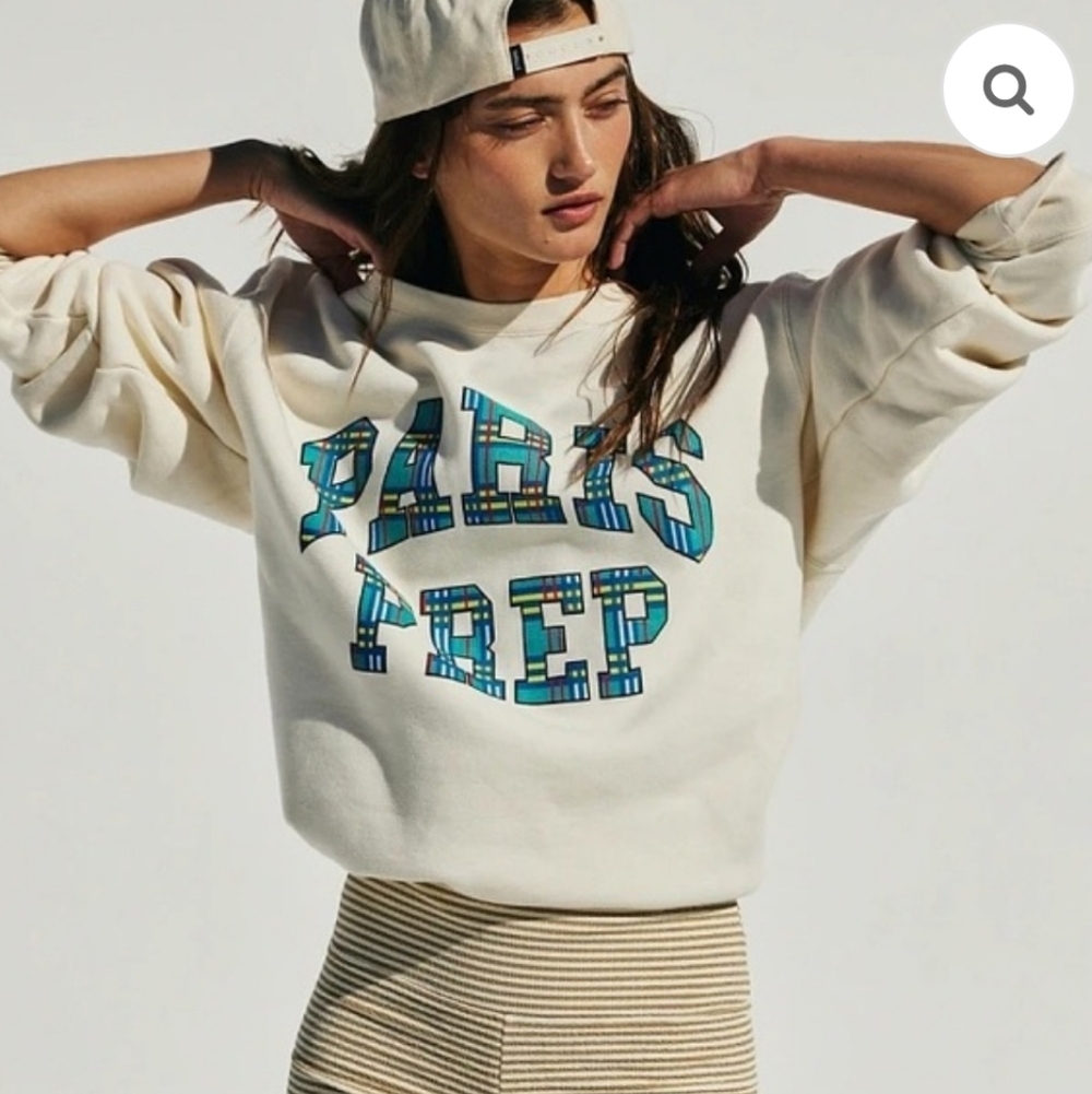 Firstport x Free People Paris Plaid Sm Off White Cotton Boxy Crewneck Sweatshirt